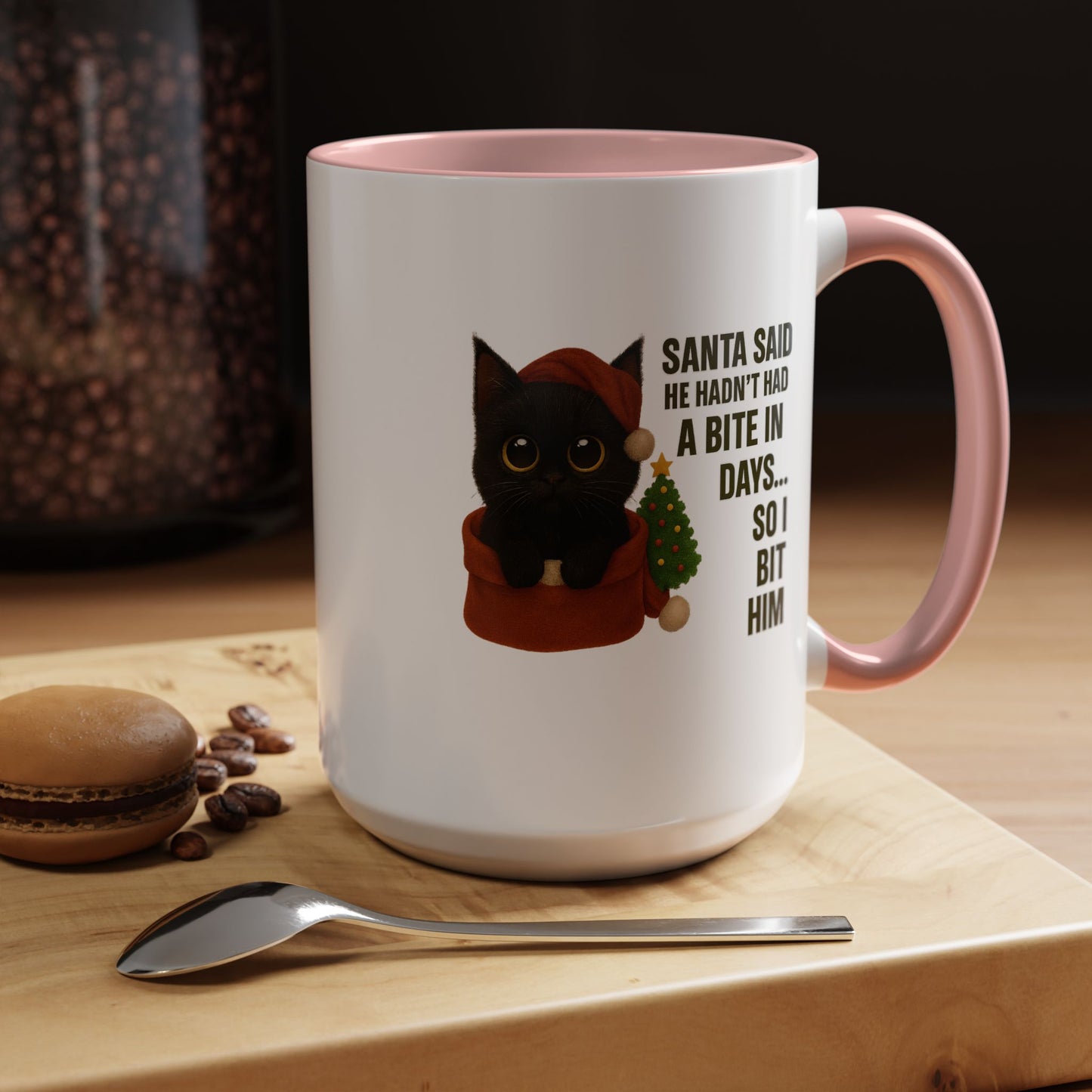 Black Short Hair Kitten Christmas Mug – “Santa Said He Hadn’t Had a Bite in Days… So I Bit Him”