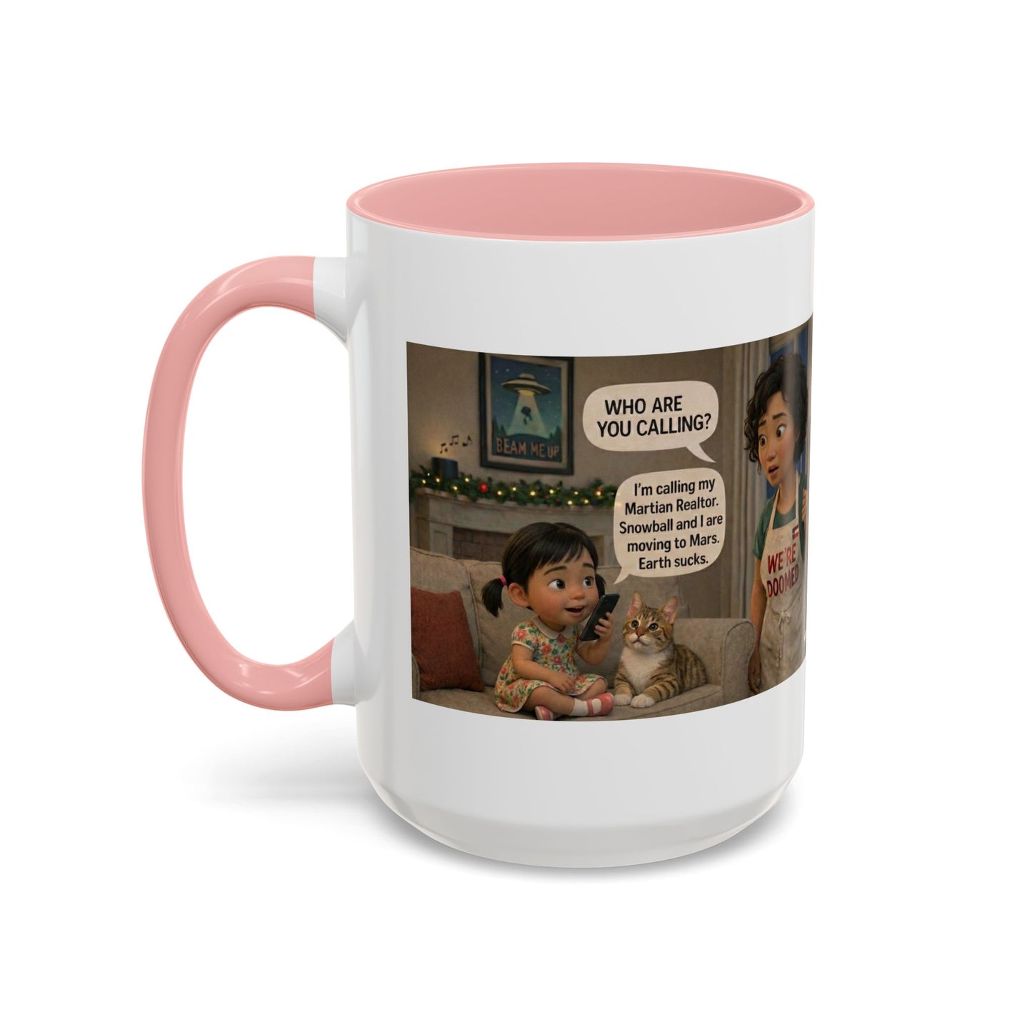 Cat Accent Coffee Mug — 'We're Doomed' Funny Asian Mom and Daughter Cartoon Coffee Mug-Girl (15oz) - Chubby Little Cheeks Co.