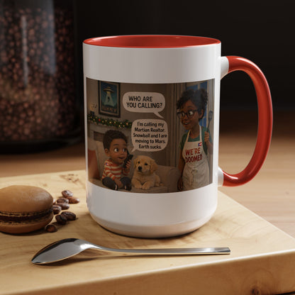 Dog Accent Coffee Mug – 'We're Doomed' Funny Cartoon Black Mom and Son Accent Mug (15 oz) - Chubby Little Cheeks Co.