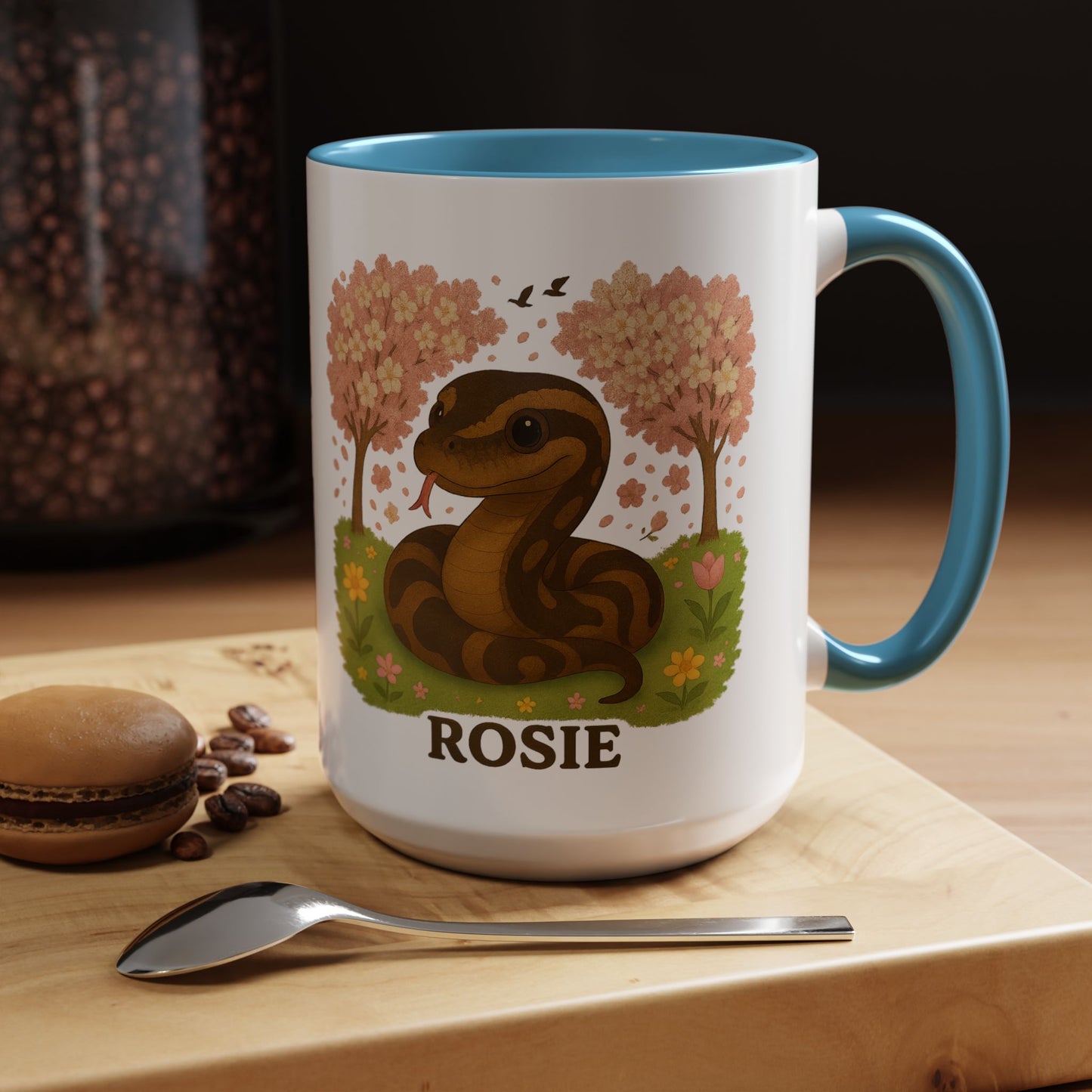 Personalized Rosie Snake Accent Coffee Mug — Cute Floral Ball Python Design 15oz)