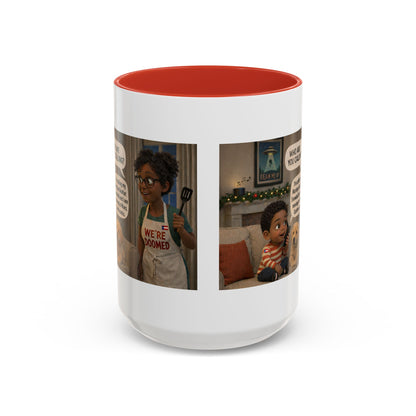 Dog Accent Coffee Mug – 'We're Doomed' Funny Cartoon Black Mom and Son Accent Mug (15 oz) - Chubby Little Cheeks Co.