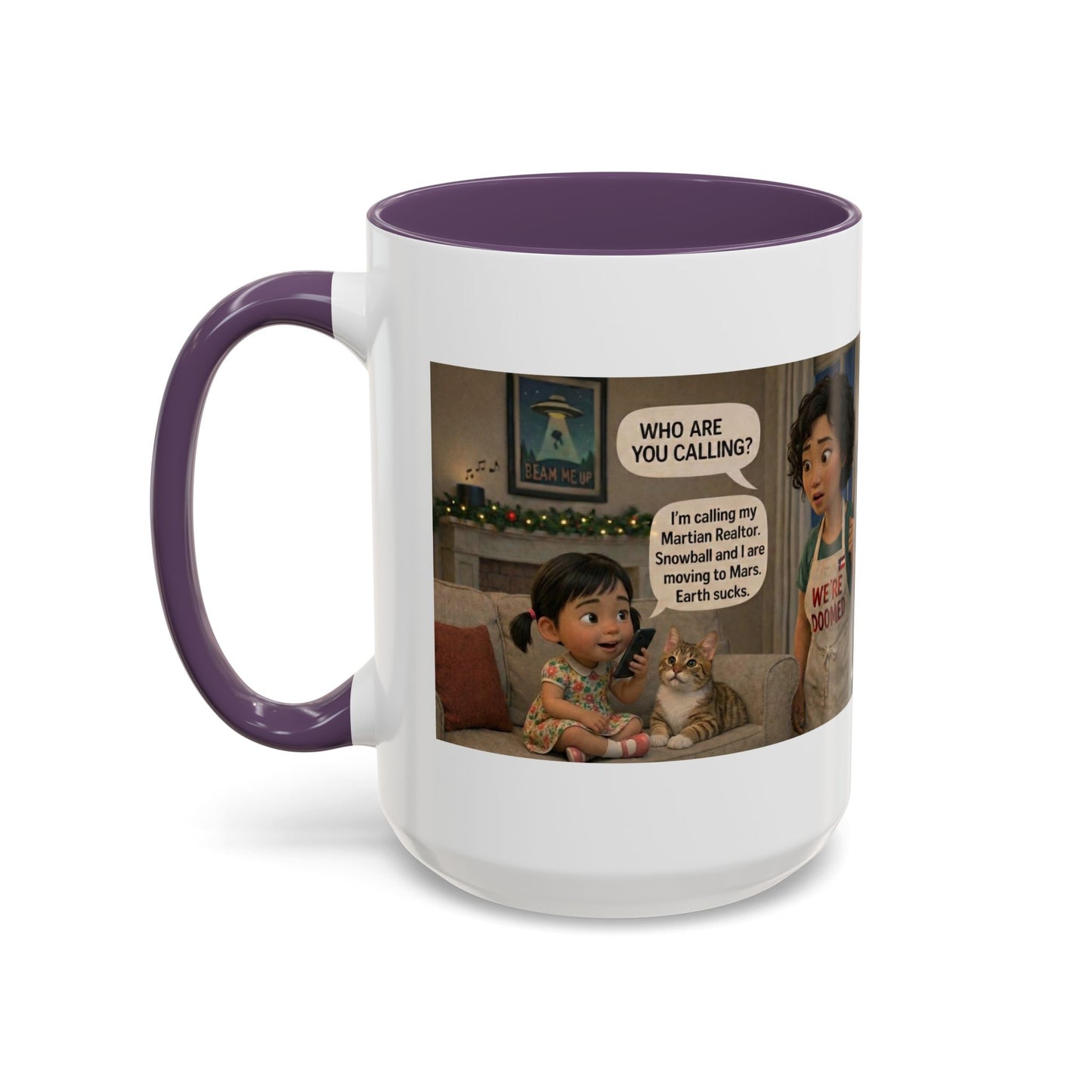 Cat Accent Coffee Mug — 'We're Doomed' Funny Asian Mom and Daughter Cartoon Coffee Mug-Girl (15oz) - Chubby Little Cheeks Co.