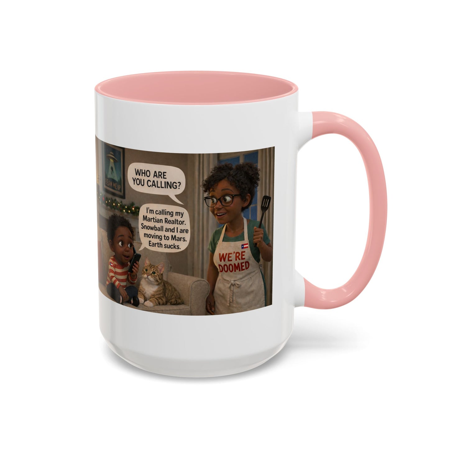 Cat Accent Coffee Mug - 'We're Doomed' Funny Black Mom and Son Coffee Mug-  (15oz) - Chubby Little Cheeks Co.