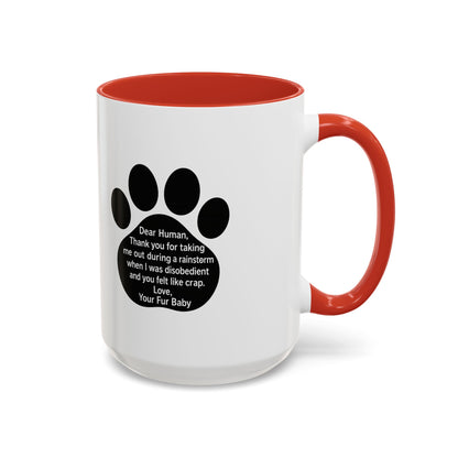 "Dear Human" Pet Humor Accent Mug- Paw Print Coffee Mug —-  15oz