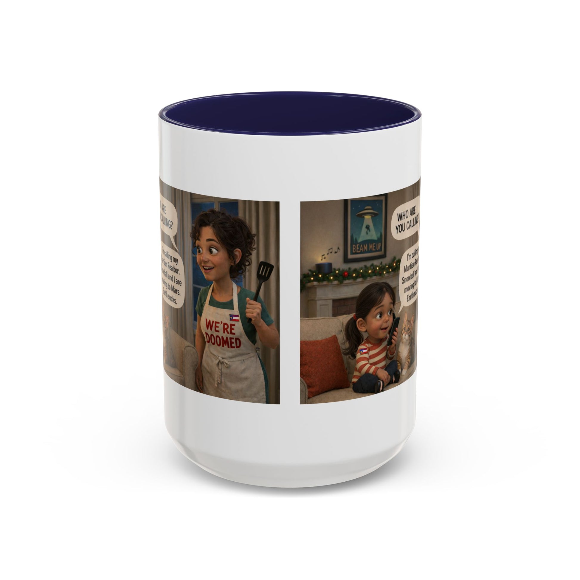 Cat Accent Coffee Mug — 'We're Doomed' Animated Latin Mom and Daughter Comic Accent Mug (15oz) - Chubby Little Cheeks Co.