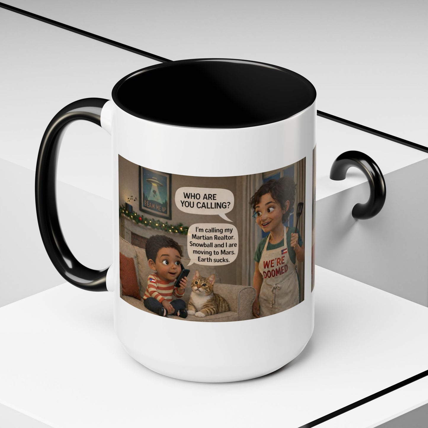 Cat Accent Coffee Mug — Funny Latin Mom and Son ‘We’re Doomed’ Illustration (15oz) - Chubby Little Cheeks Co.