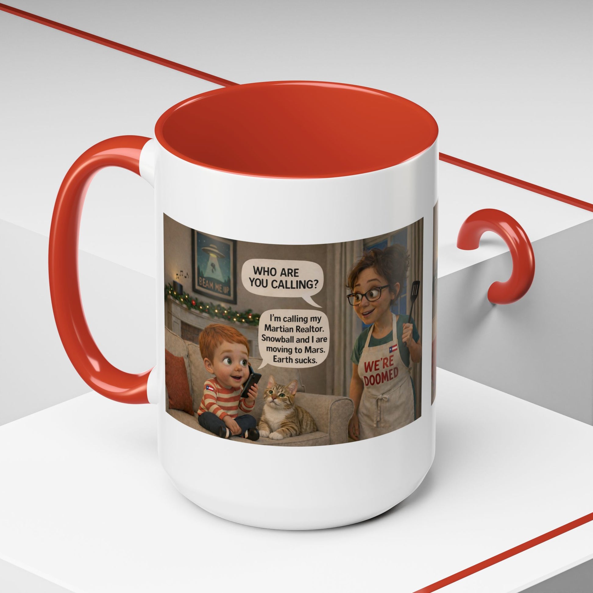 Cat Accent Coffee Mug — Funny White Mom and Son Cartoon "We're Doomed" Coffee Mug - Chubby Little Cheeks Co.