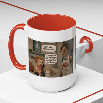 Cat Accent Coffee Mug — Funny White Mom and Son Cartoon "We're Doomed" Coffee Mug - Chubby Little Cheeks Co.