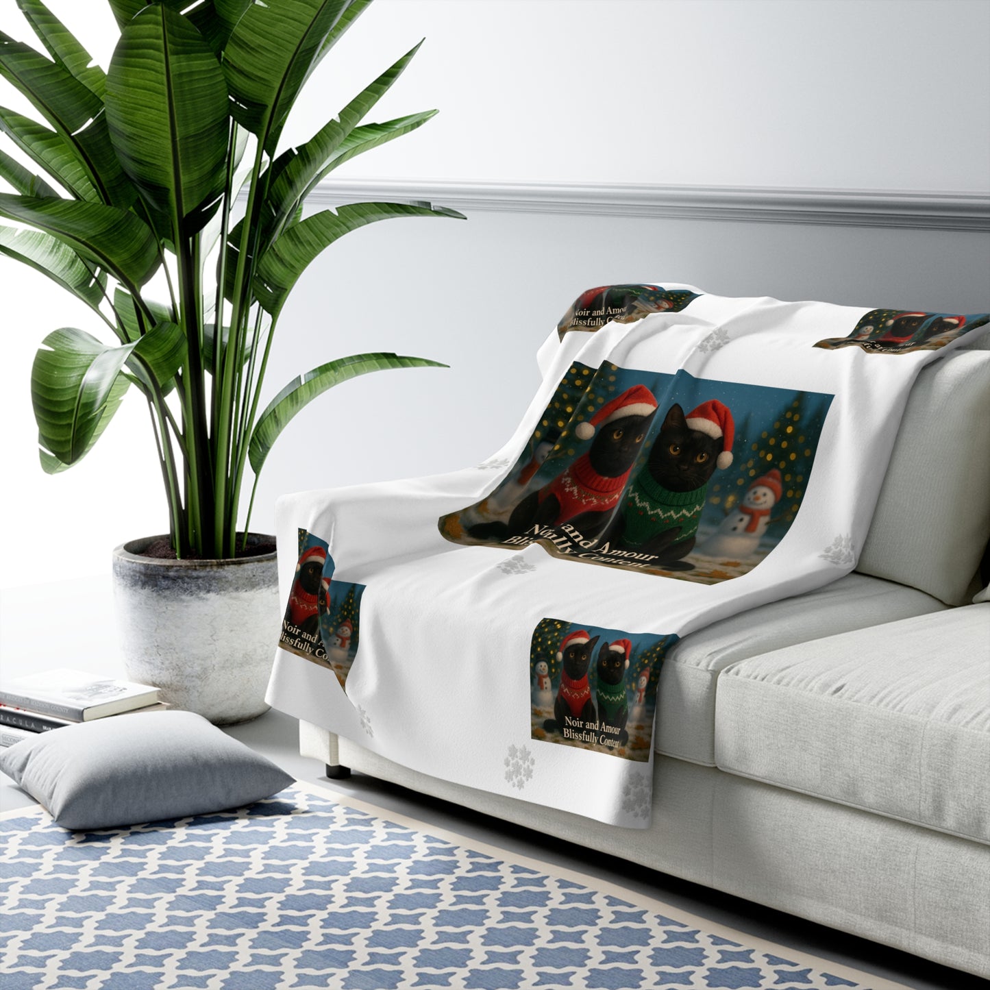 Christmas Black Cat Sherpa Blanket - Noir and Amour