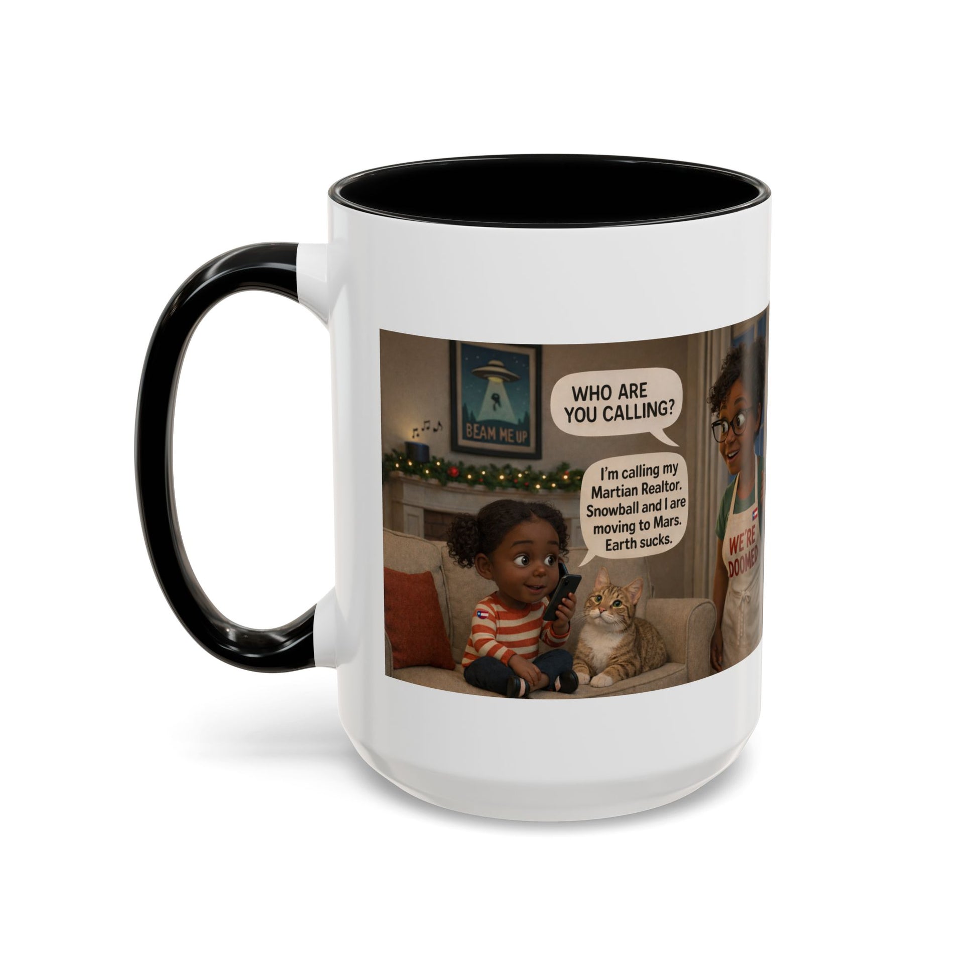 Cat Accent Coffee Mug – “We’re Doomed” Funny Black Mom and Daughter Accent Mug (15 oz) - Chubby Little Cheeks Co.