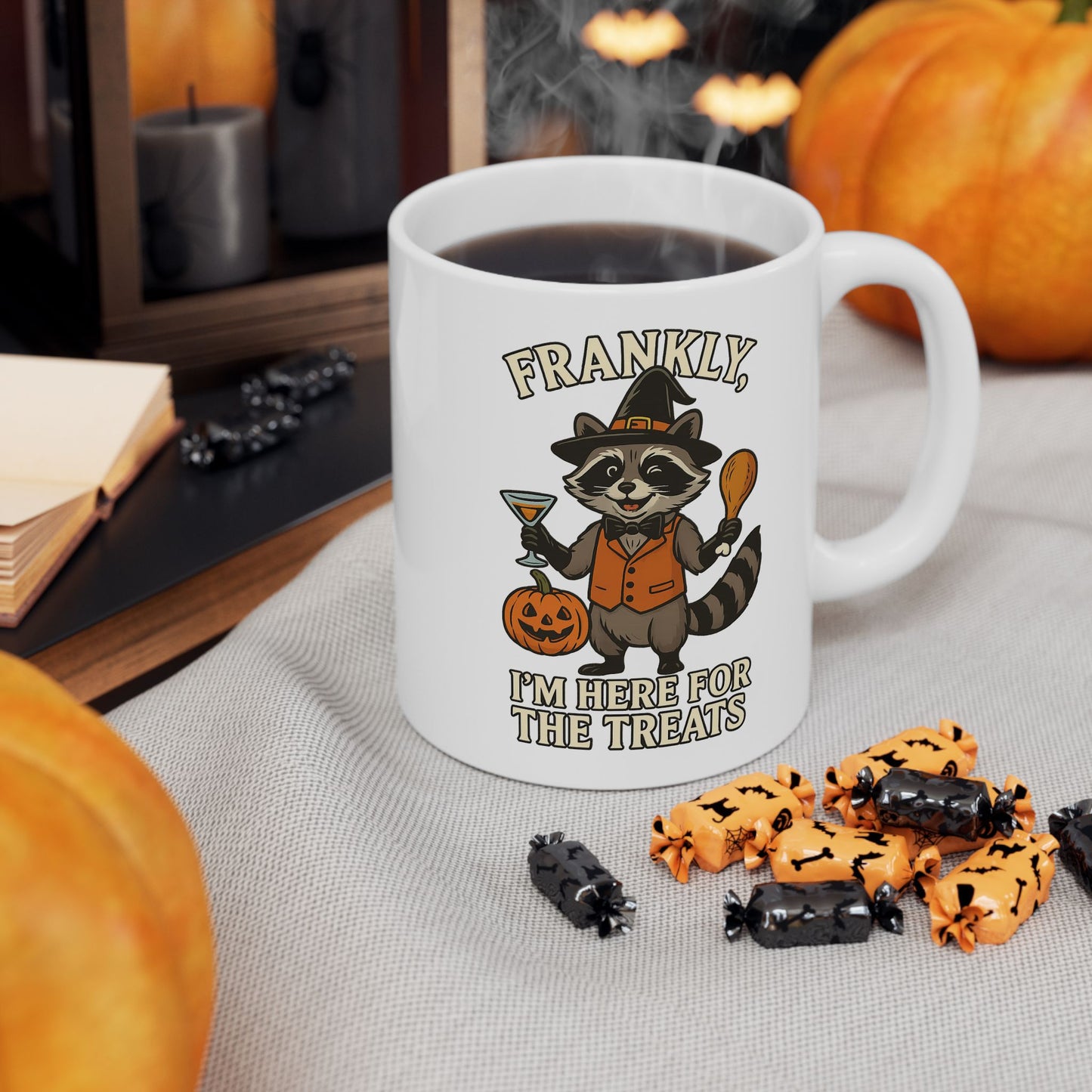 Frankly, I Came For The Treats -Halloween Themed Fun Racoon Ceramic Mug - Chubby Little Cheeks Co.