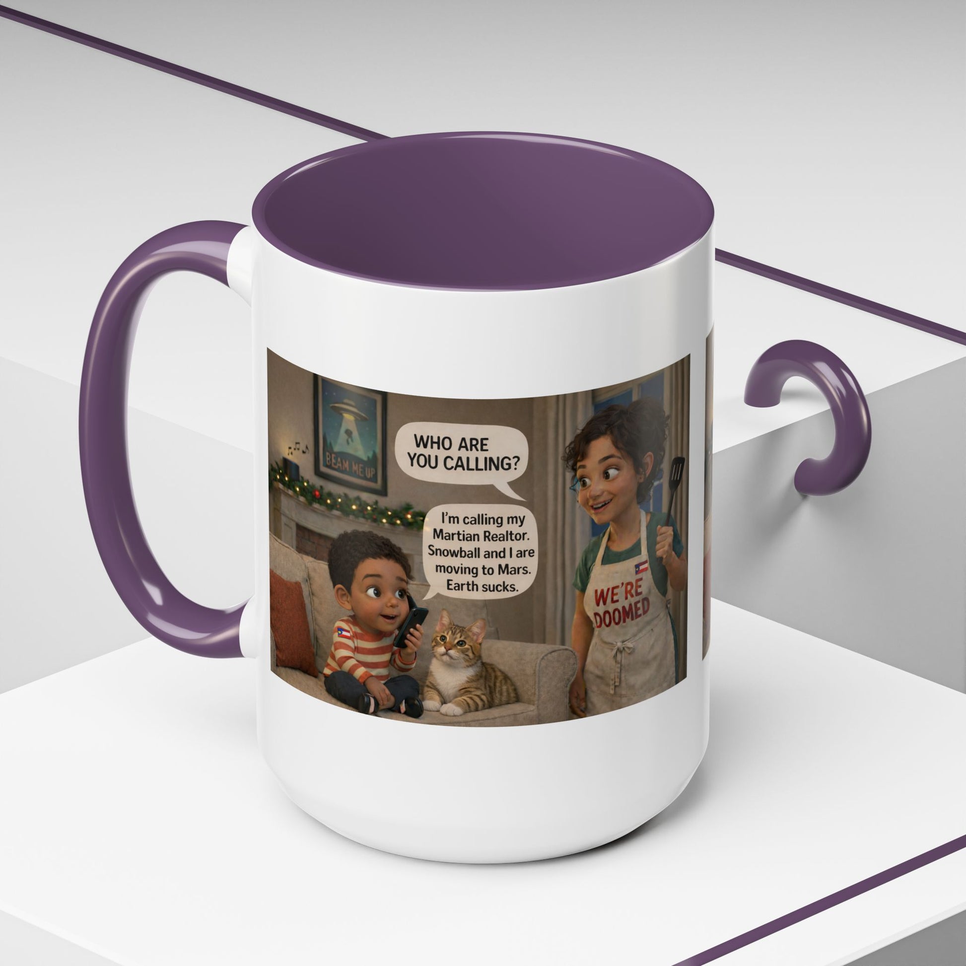 Cat Accent Coffee Mug — Funny Latin Mom and Son ‘We’re Doomed’ Illustration (15oz) - Chubby Little Cheeks Co.