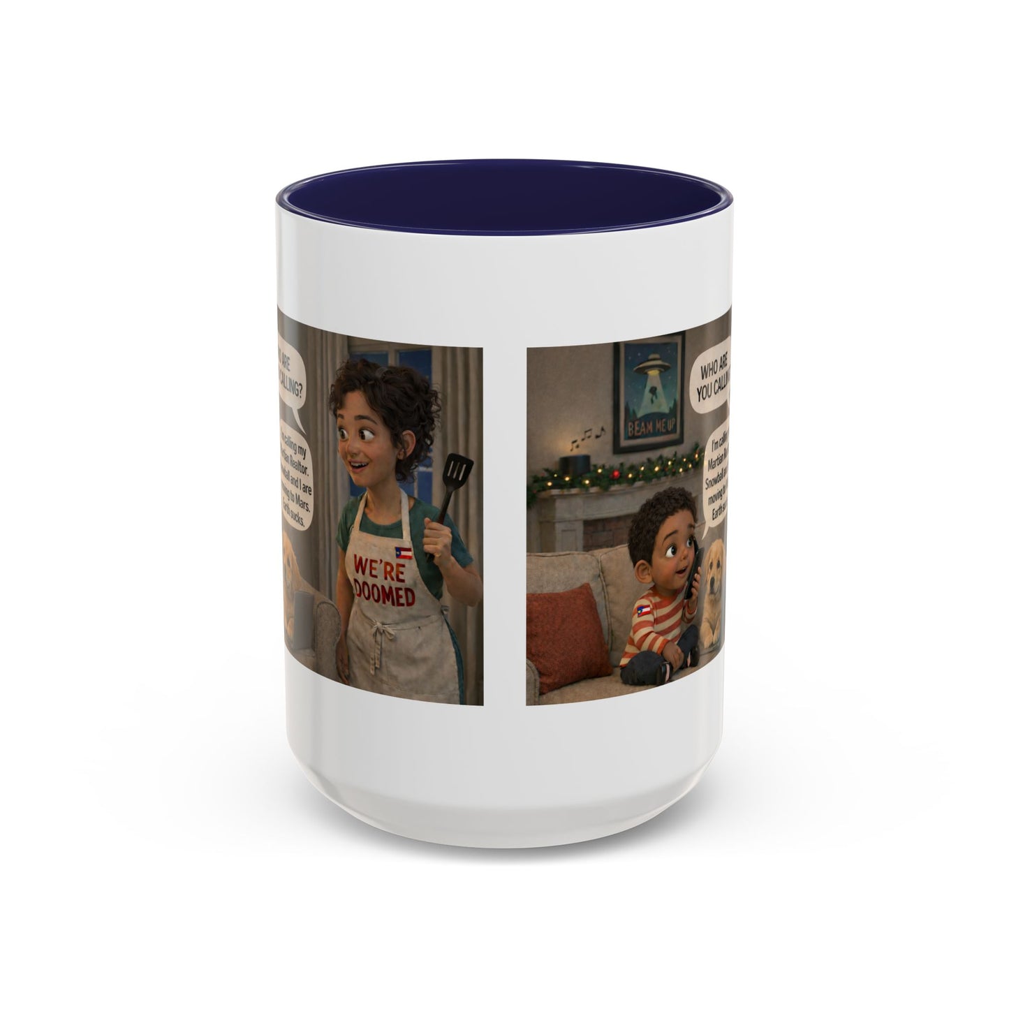 Dog Accent Coffee Mug — 'We're Doomed' Funny Latin Mom and Son Cartoon Accent Mug (15oz) - Chubby Little Cheeks Co.