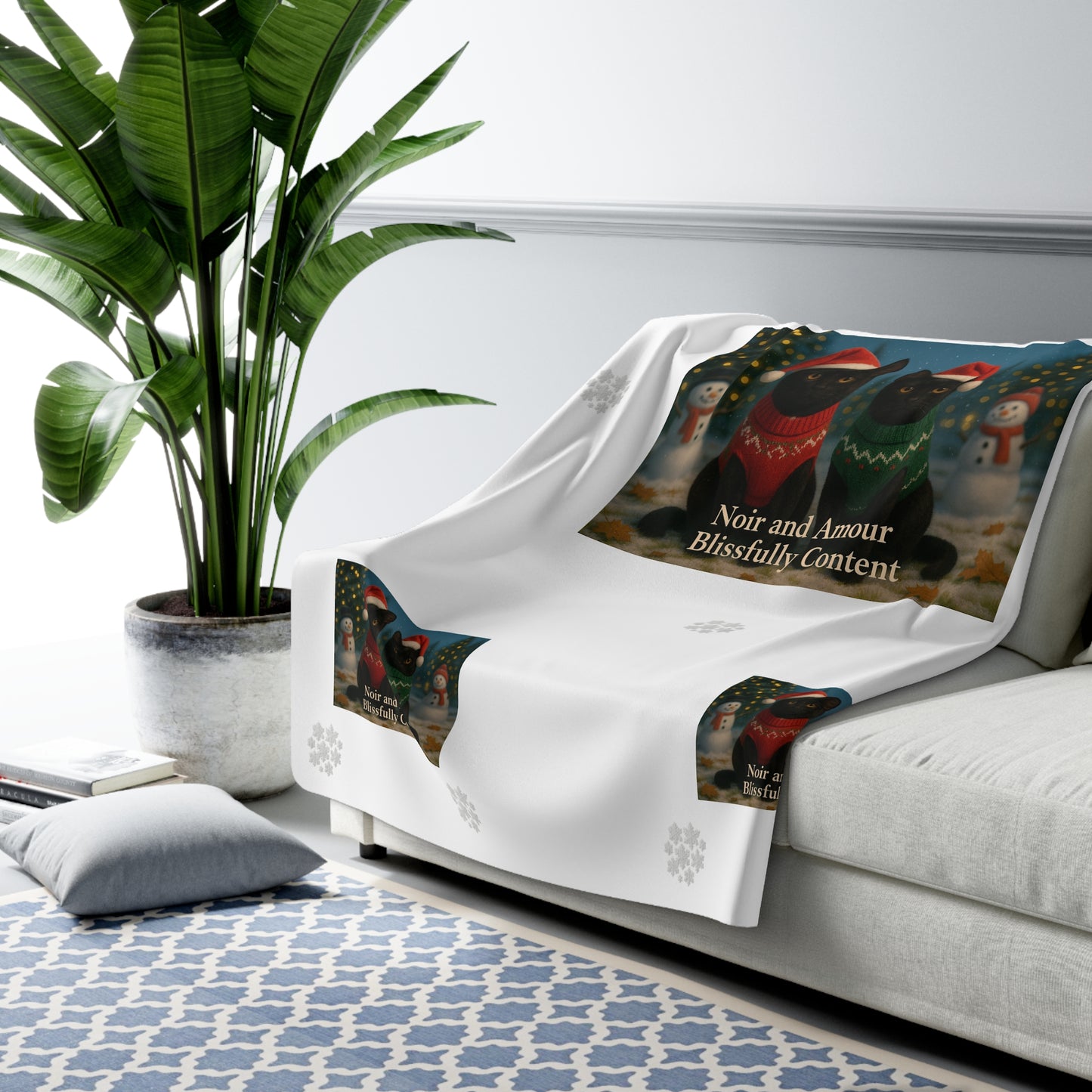 Christmas Black Cat Sherpa Blanket - Noir and Amour