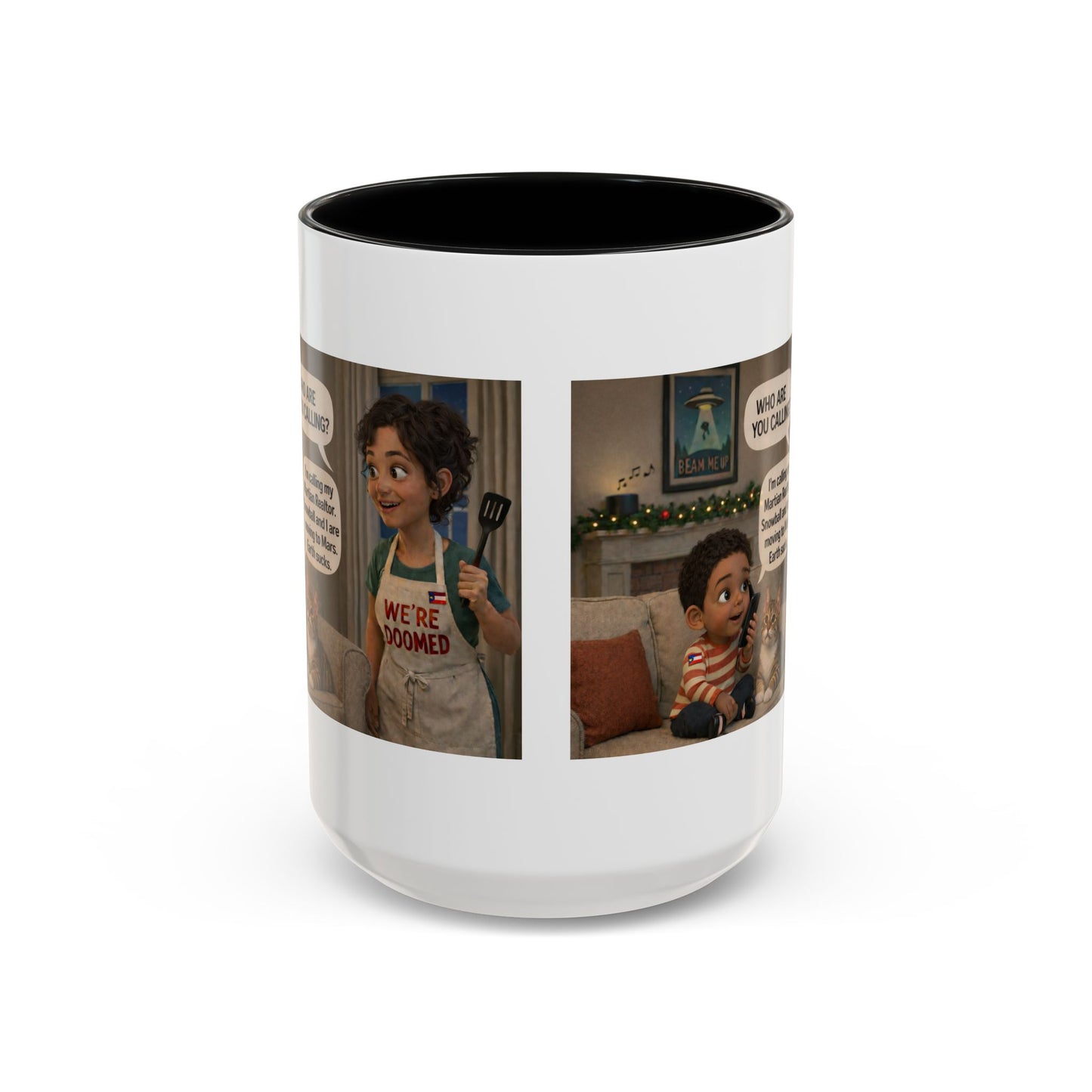 Cat Accent Coffee Mug — Funny Latin Mom and Son ‘We’re Doomed’ Illustration (15oz) - Chubby Little Cheeks Co.
