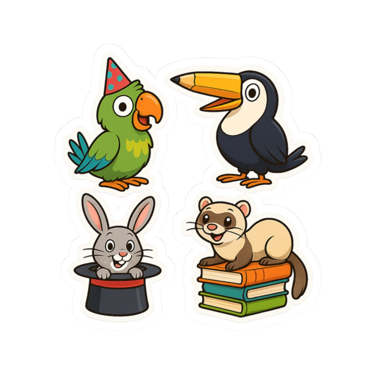 Whimsical Animal Sticker Set – Parrot, Toucan, Bunny & Ferret | Fun Cartoon Stickers for Kids - Chubby Little Cheeks Co.