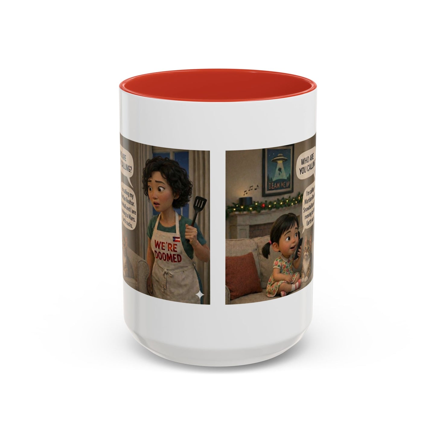 Cat Accent Coffee Mug — 'We're Doomed' Funny Asian Mom and Daughter Cartoon Coffee Mug-Girl (15oz) - Chubby Little Cheeks Co.