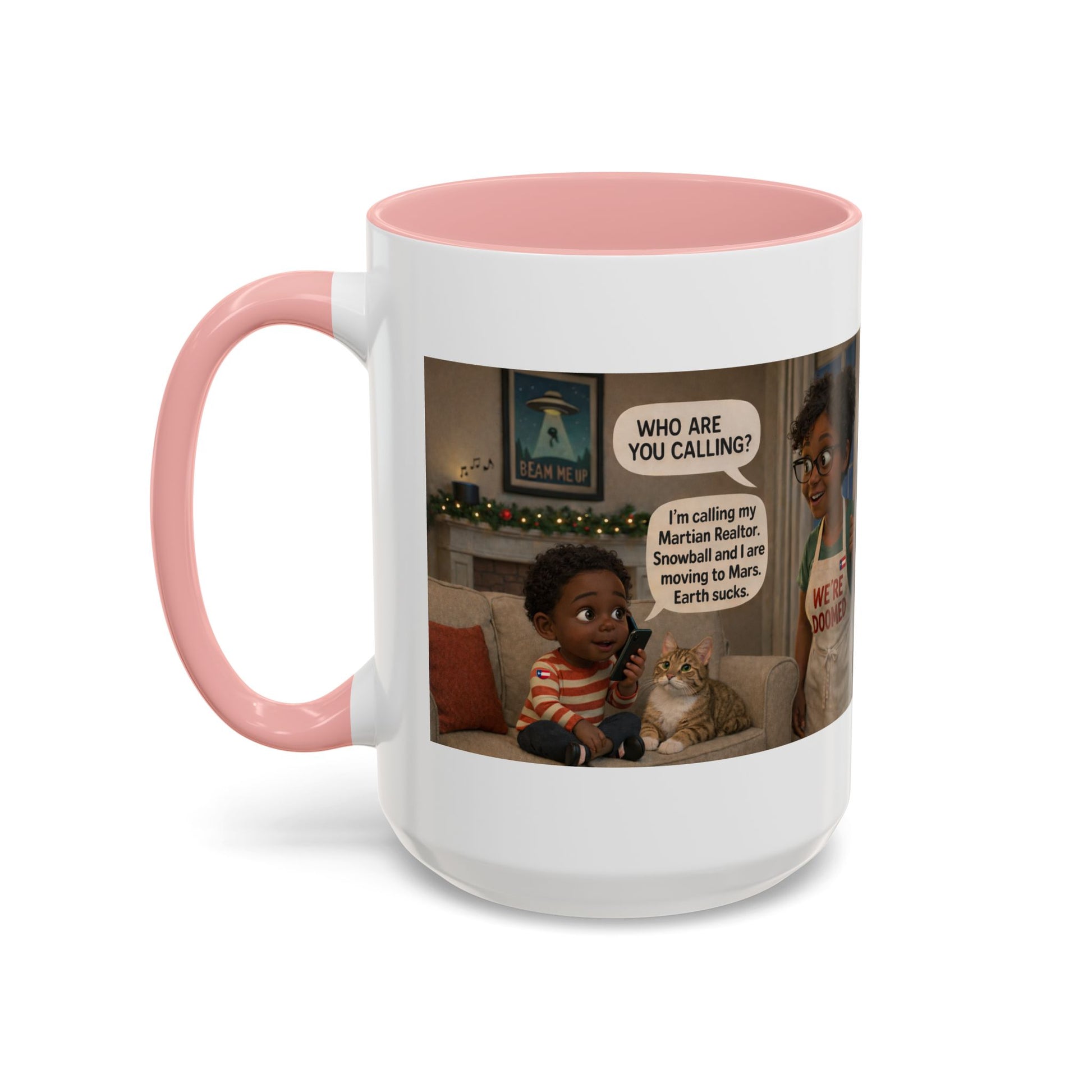 Cat Accent Coffee Mug - 'We're Doomed' Funny Black Mom and Son Coffee Mug-  (15oz) - Chubby Little Cheeks Co.