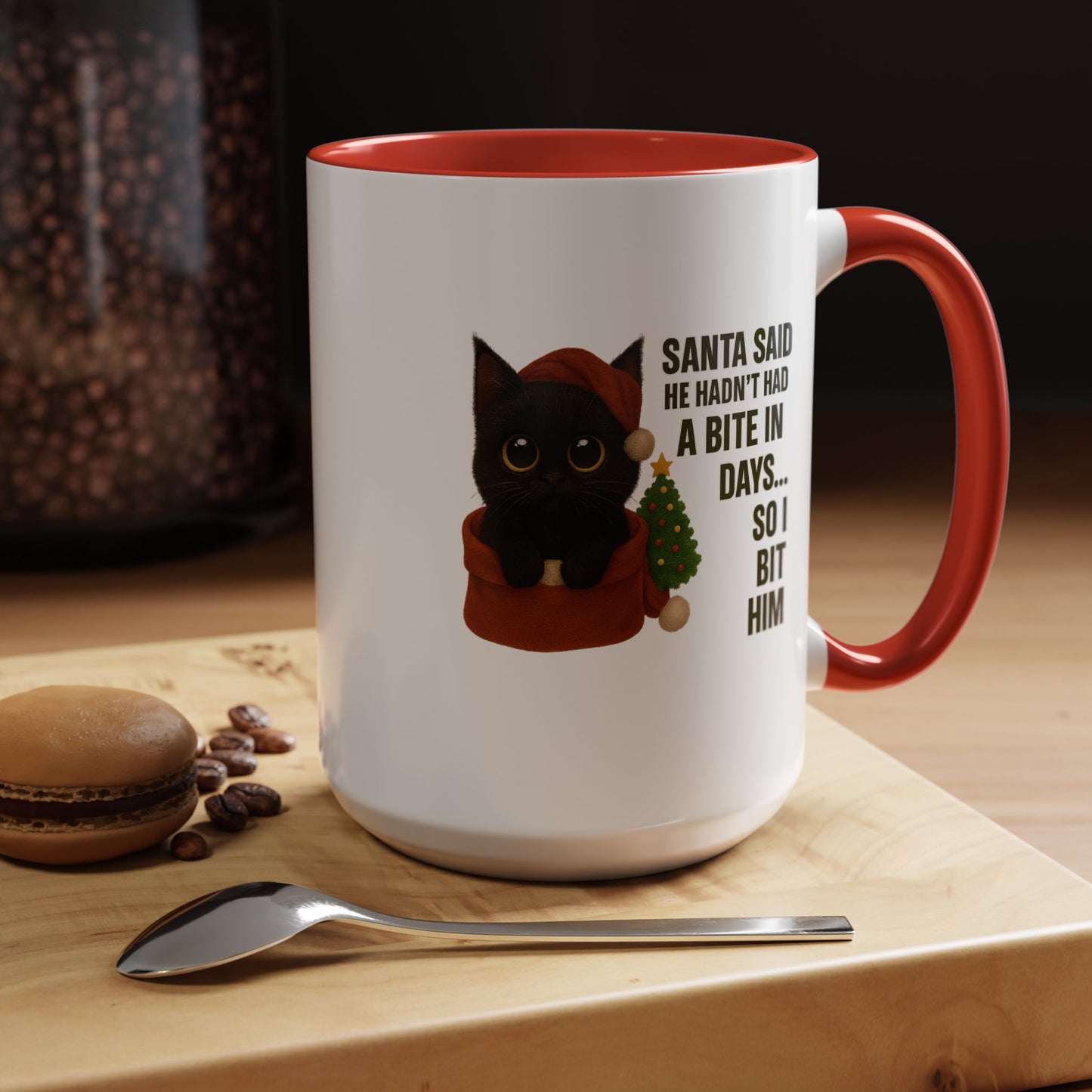 Black Short Hair Kitten Christmas Mug – “Santa Said He Hadn’t Had a Bite in Days… So I Bit Him”