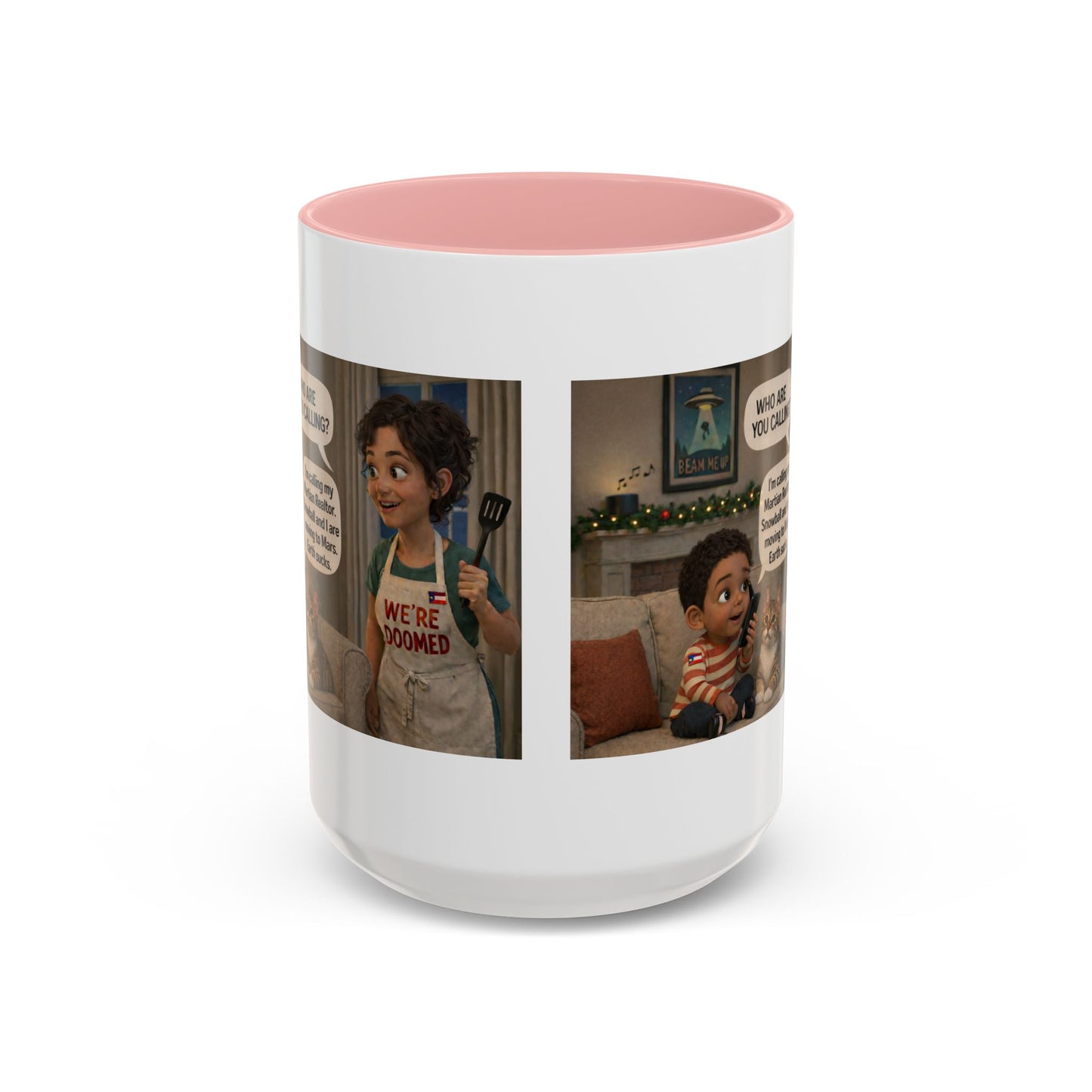 Cat Accent Coffee Mug — Funny Latin Mom and Son ‘We’re Doomed’ Illustration (15oz) - Chubby Little Cheeks Co.