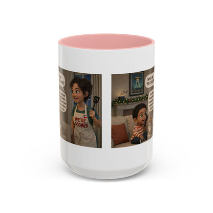 Cat Accent Coffee Mug — Funny Latin Mom and Son ‘We’re Doomed’ Illustration (15oz) - Chubby Little Cheeks Co.