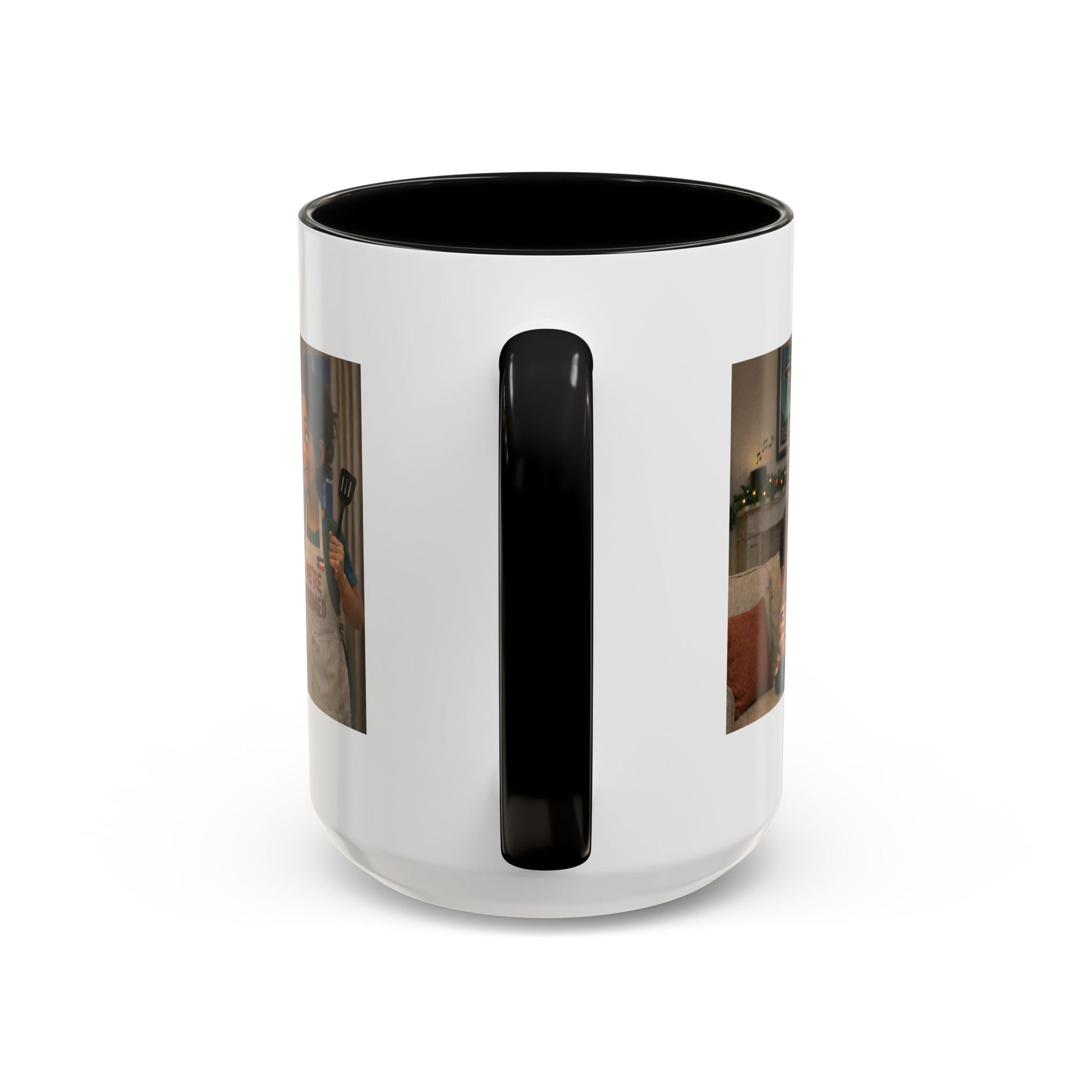 Cat Accent Coffee Mug — Funny Latin Mom and Son ‘We’re Doomed’ Illustration (15oz) - Chubby Little Cheeks Co.
