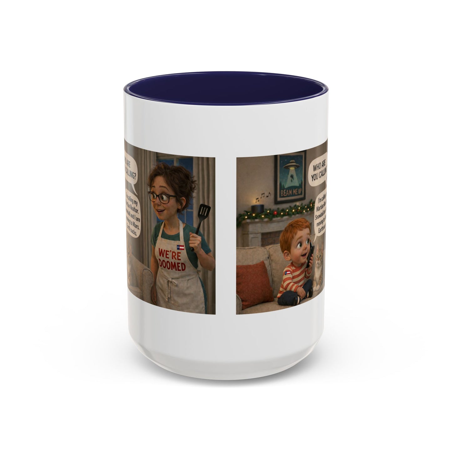Cat Accent Coffee Mug — Funny White Mom and Son Cartoon "We're Doomed" Coffee Mug - Chubby Little Cheeks Co.