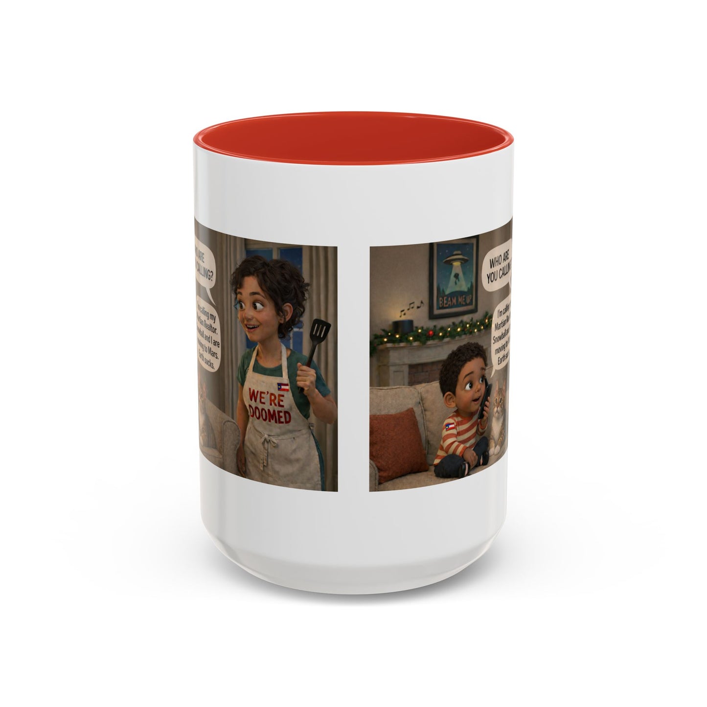 Cat Accent Coffee Mug — Funny Latin Mom and Son ‘We’re Doomed’ Illustration (15oz) - Chubby Little Cheeks Co.