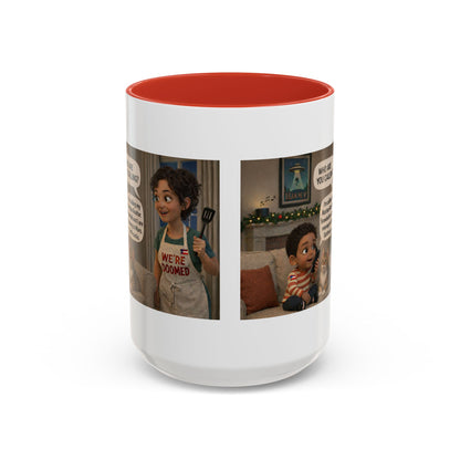 Cat Accent Coffee Mug — Funny Latin Mom and Son ‘We’re Doomed’ Illustration (15oz) - Chubby Little Cheeks Co.