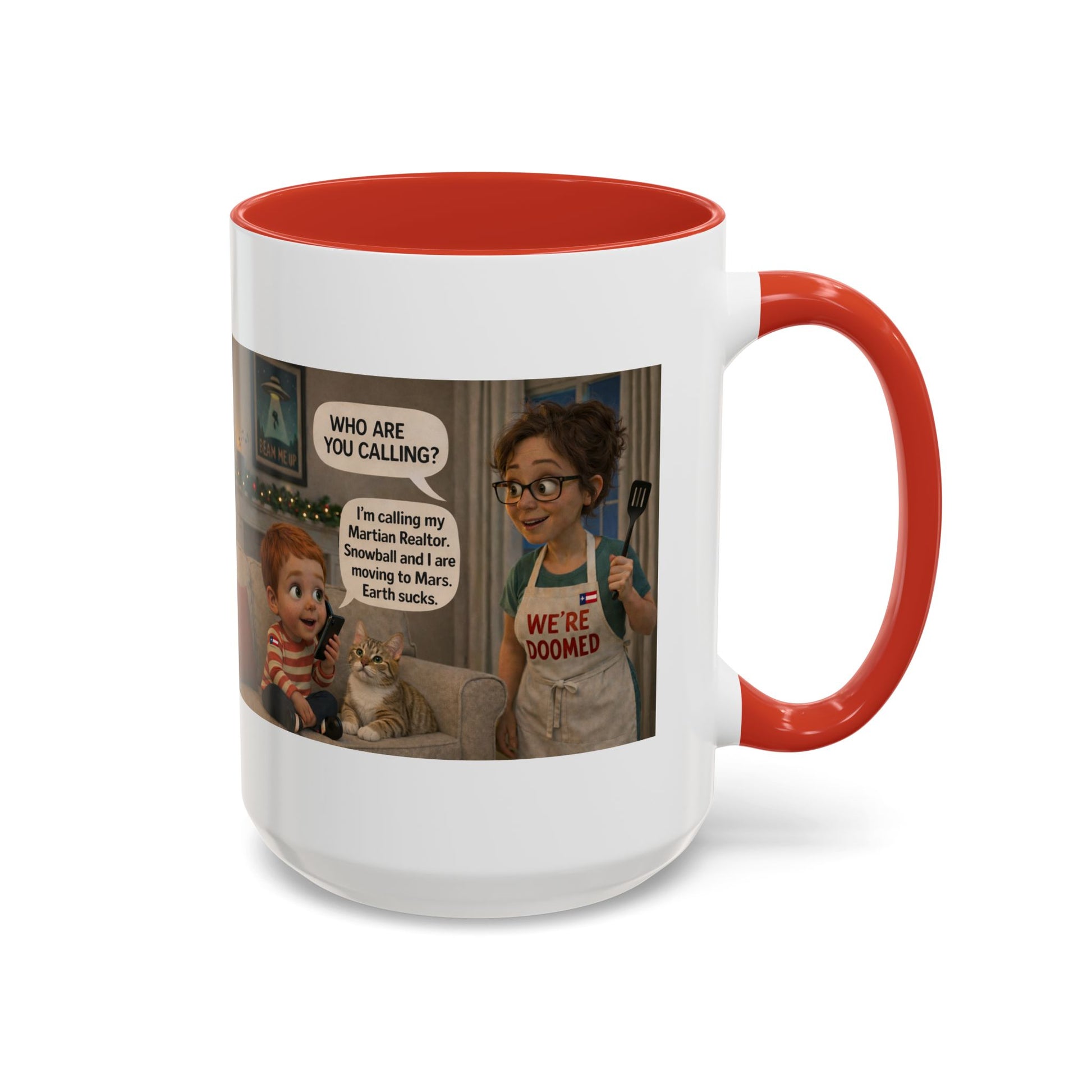 Cat Accent Coffee Mug — Funny White Mom and Son Cartoon "We're Doomed" Coffee Mug - Chubby Little Cheeks Co.