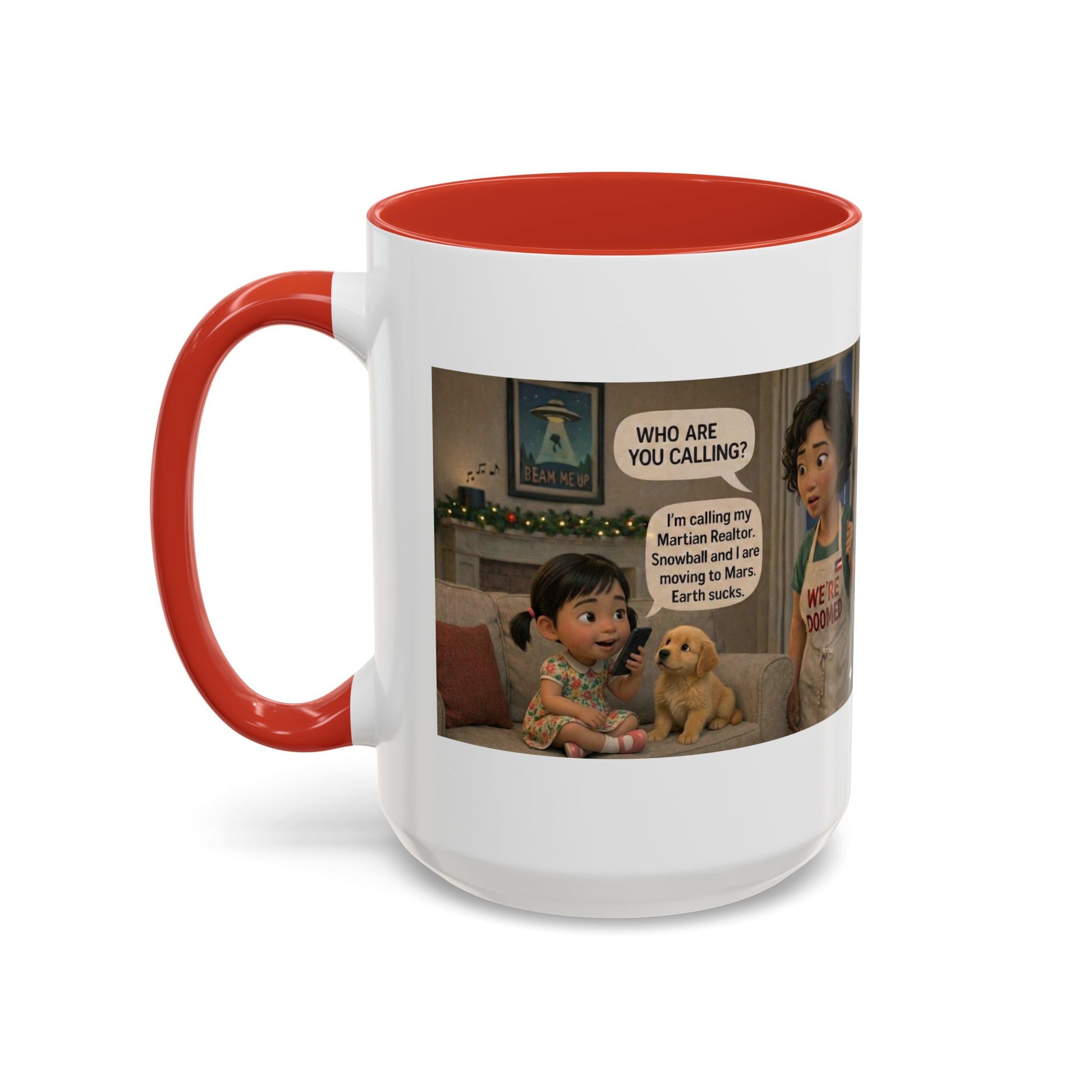 Dog Accent Coffee Mug — 'We're Doomed' Funny Asian Mom and Daughter Cartoon Coffee Mug (15oz) - Chubby Little Cheeks Co.