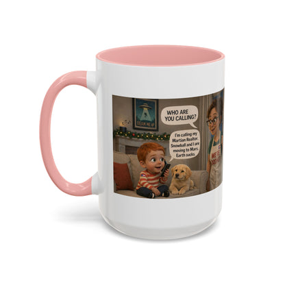 Dog Accent Coffee Mug —Funny Cartoon 'We're Doomed' White Mom and Son (15oz) - Chubby Little Cheeks Co.