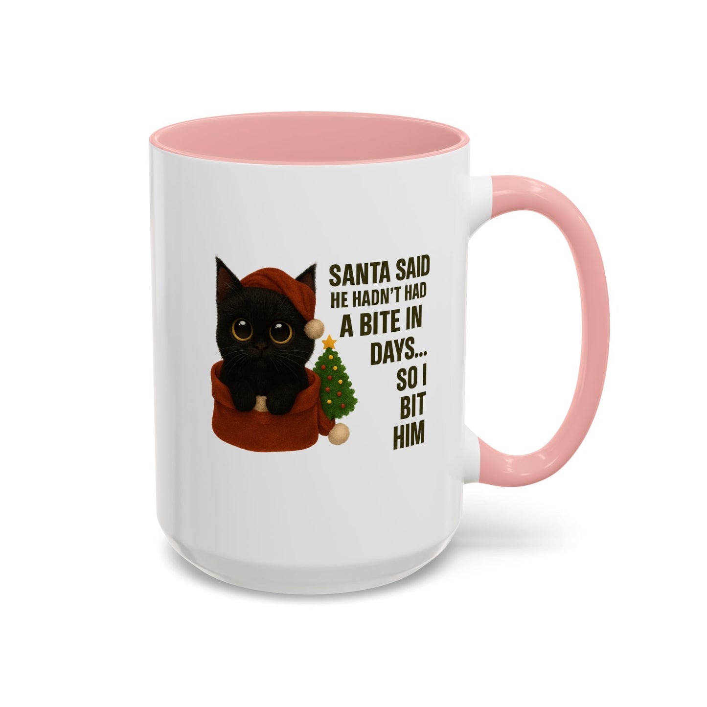 Black Short Hair Kitten Christmas Mug – “Santa Said He Hadn’t Had a Bite in Days… So I Bit Him”