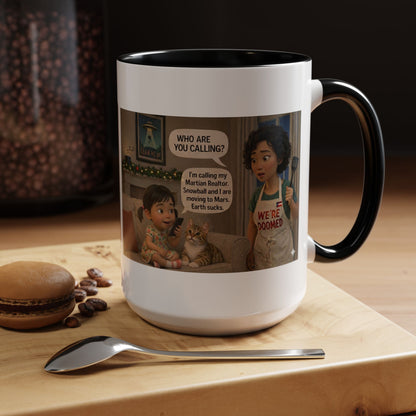 Cat Accent Coffee Mug — 'We're Doomed' Funny Asian Mom and Daughter Cartoon Coffee Mug-Girl (15oz) - Chubby Little Cheeks Co.