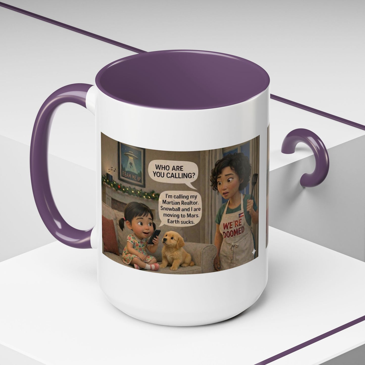 Dog Accent Coffee Mug — 'We're Doomed' Funny Asian Mom and Daughter Cartoon Coffee Mug (15oz) - Chubby Little Cheeks Co.