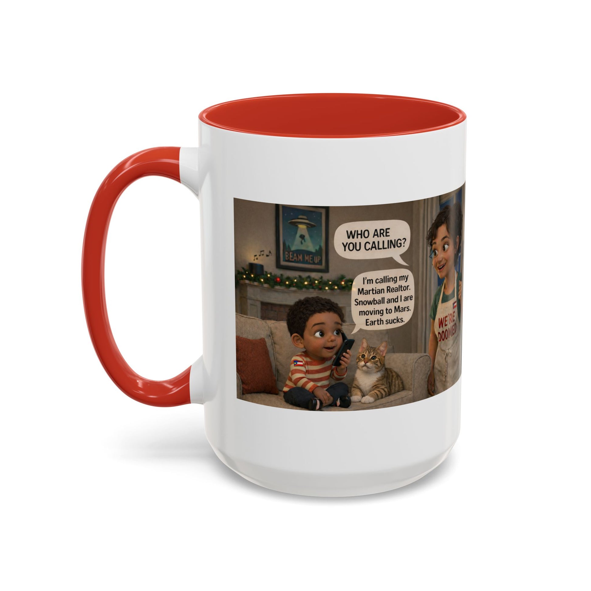 Cat Accent Coffee Mug — Funny Latin Mom and Son ‘We’re Doomed’ Illustration (15oz) - Chubby Little Cheeks Co.