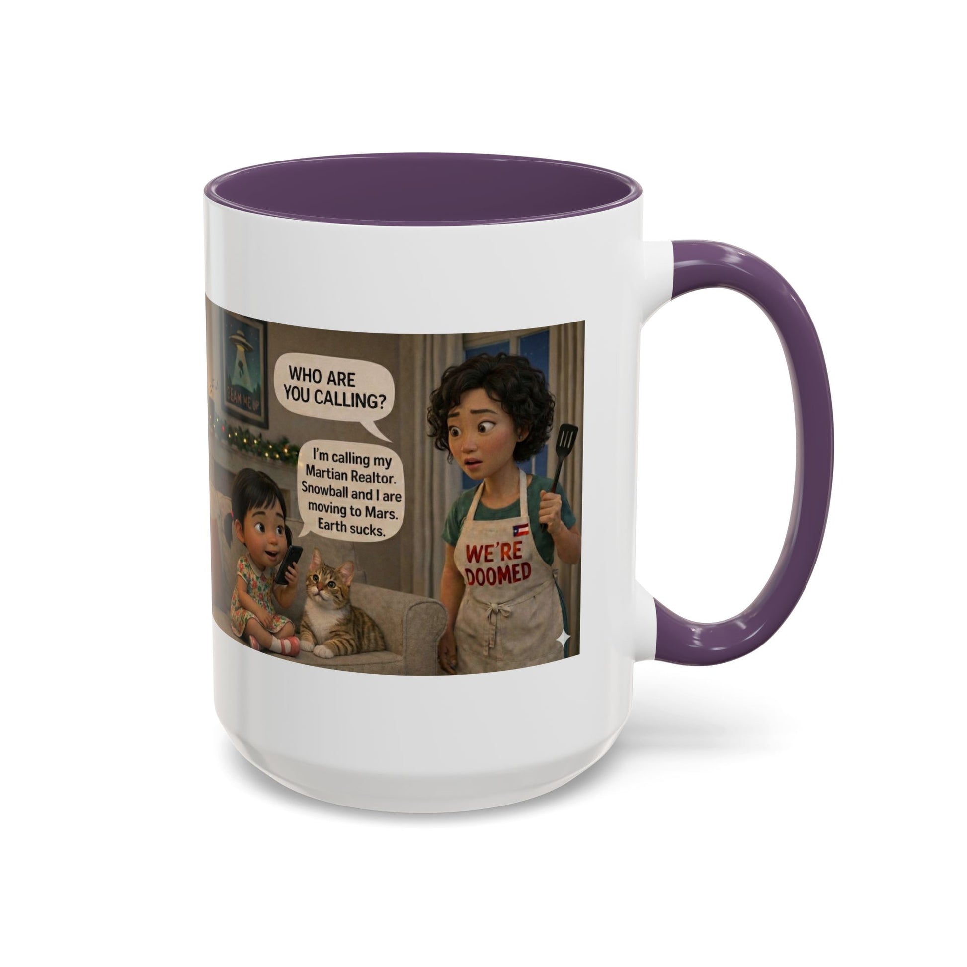 Cat Accent Coffee Mug — 'We're Doomed' Funny Asian Mom and Daughter Cartoon Coffee Mug-Girl (15oz) - Chubby Little Cheeks Co.