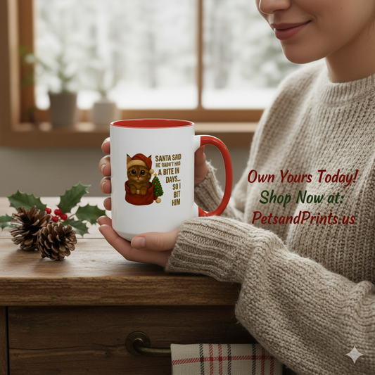 Tabby Cat Christmas Mug - Santa Bite Quote