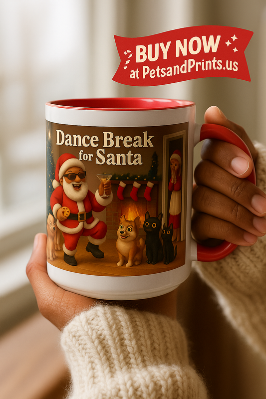Dance Break for (Blk) Santa Coffee Mug — Festive Christmas Santa & Dogs Holiday Mug (15oz)