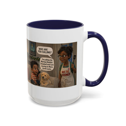 Dog Accent Coffee Mug – 'We're Doomed' Funny Cartoon Black Mom and Son Accent Mug (15 oz) - Chubby Little Cheeks Co.