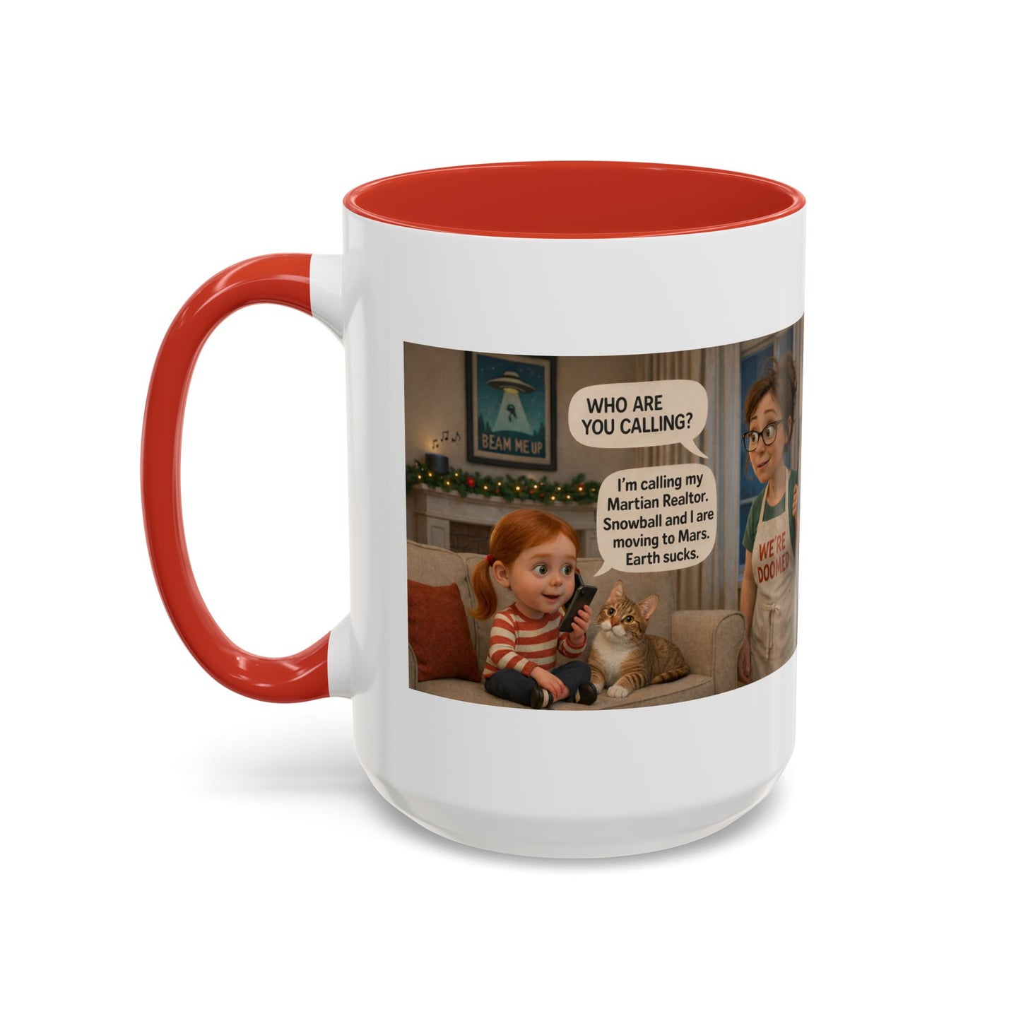 Cat Accent Coffee Mug — Funny 'We're Doomed' Funny White Mom and Daughter Cartoon - Chubby Little Cheeks Co.