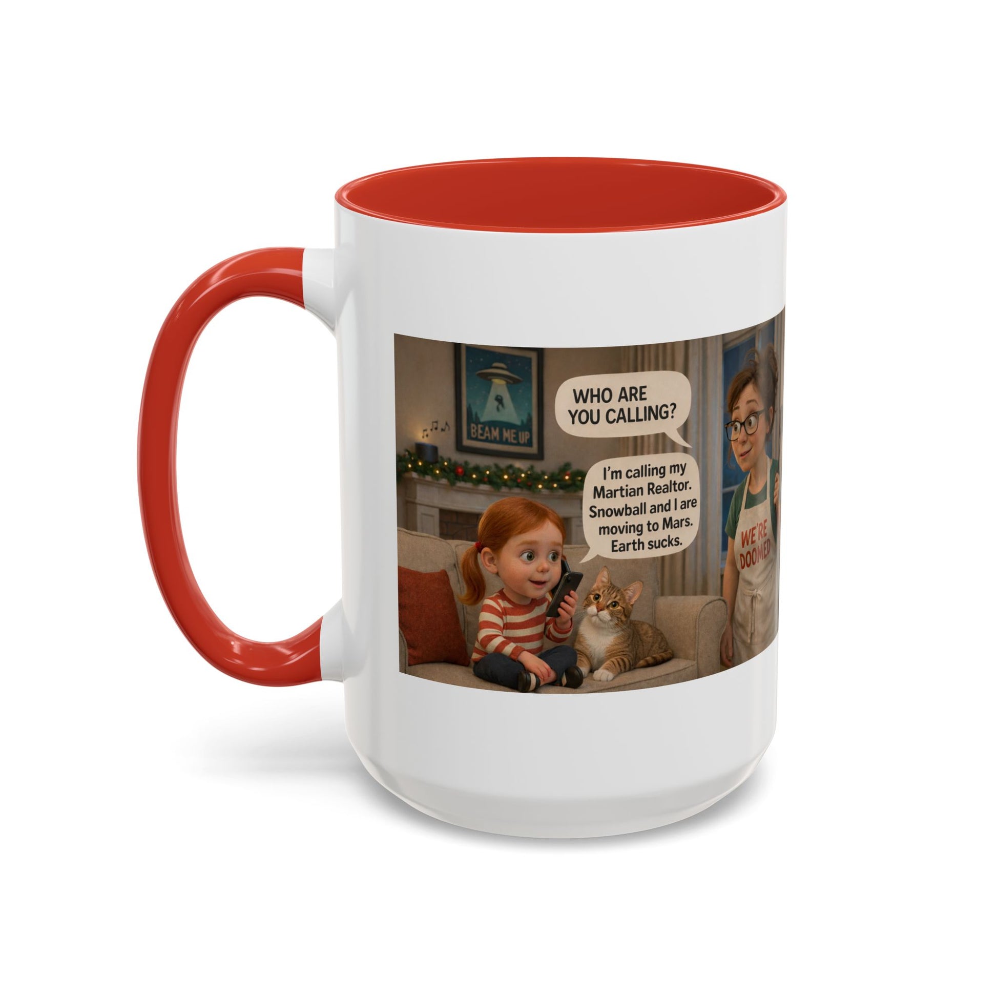 Cat Accent Coffee Mug — Funny 'We're Doomed' Funny White Mom and Daughter Cartoon - Chubby Little Cheeks Co.