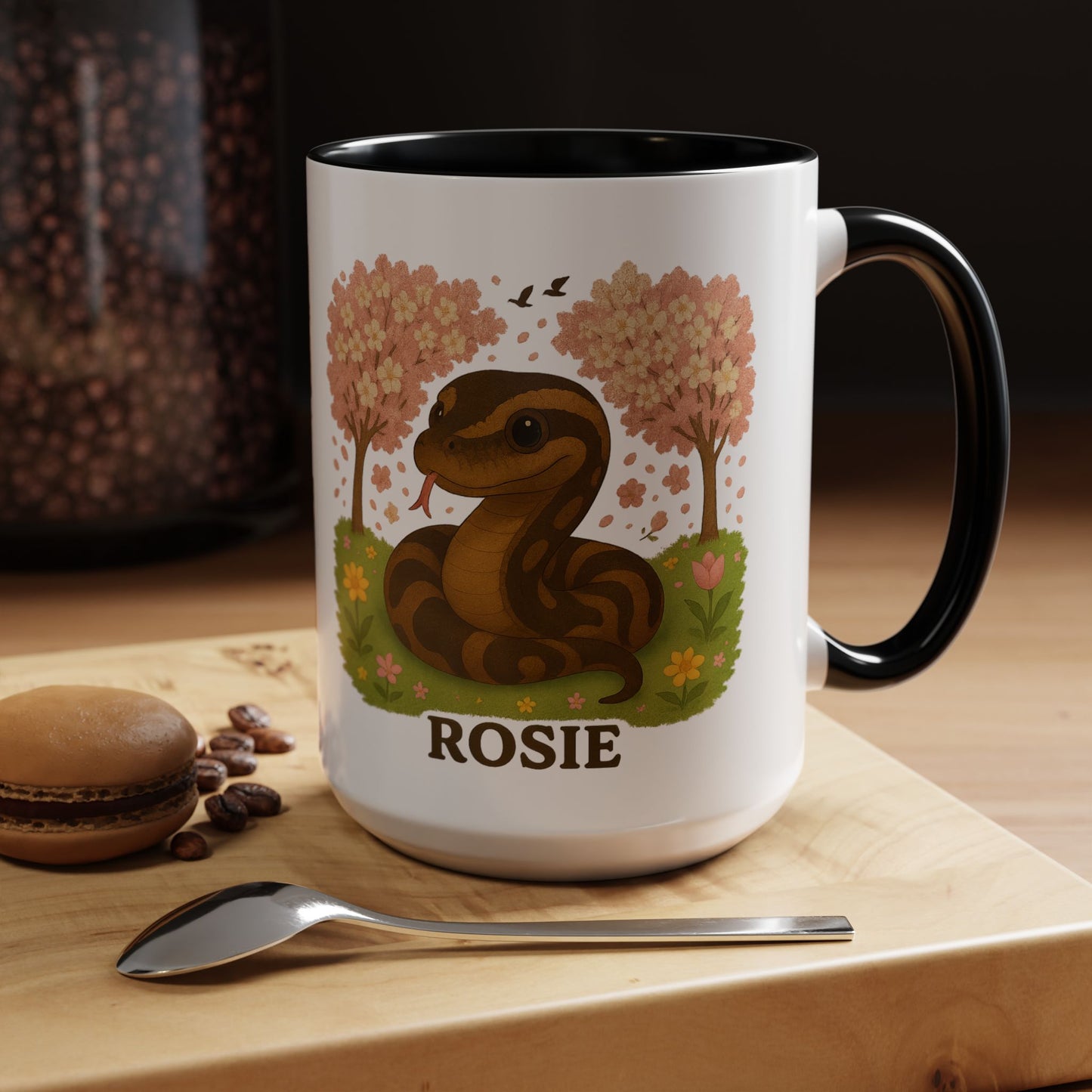 Personalized Rosie Snake Accent Coffee Mug — Cute Floral Ball Python Design 15oz)
