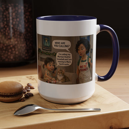 Cat Accent Coffee Mug — 'We're Doomed' Funny Asian Mom and Daughter Cartoon Coffee Mug-Girl (15oz) - Chubby Little Cheeks Co.