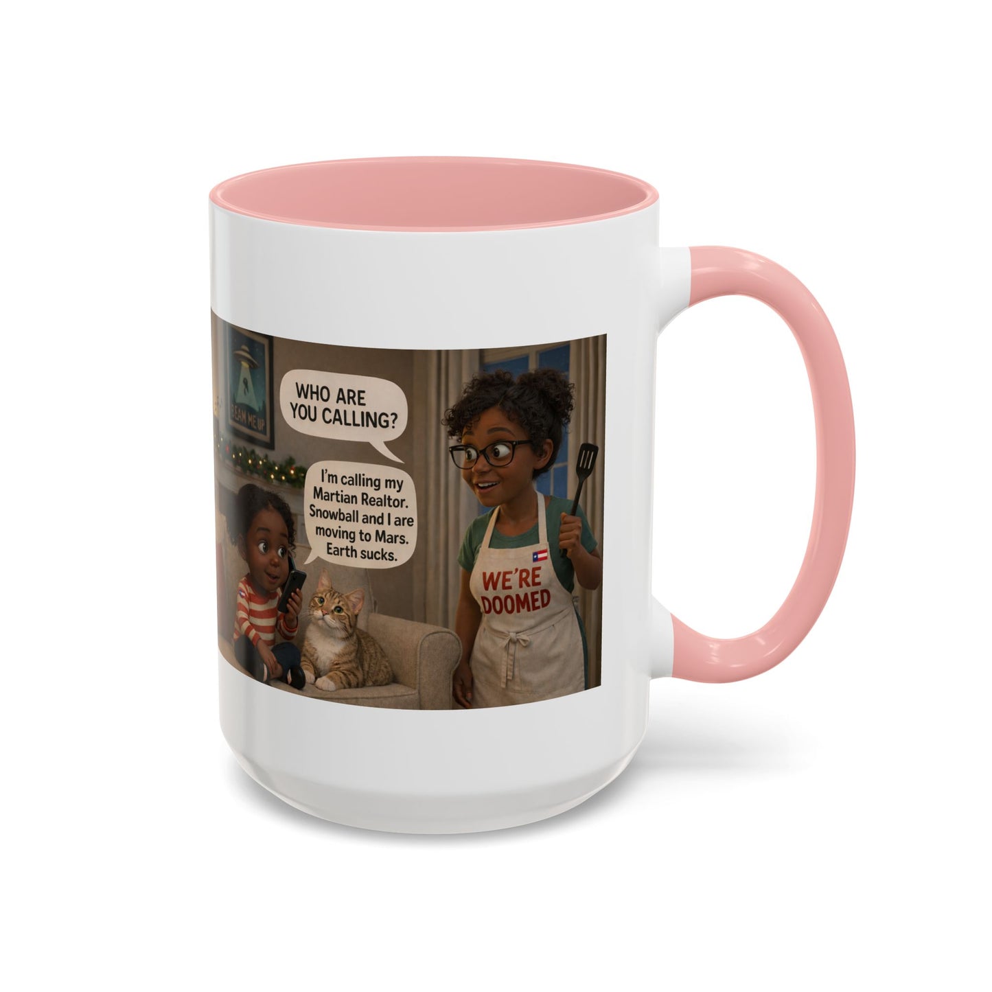 Cat Accent Coffee Mug – “We’re Doomed” Funny Black Mom and Daughter Accent Mug (15 oz) - Chubby Little Cheeks Co.