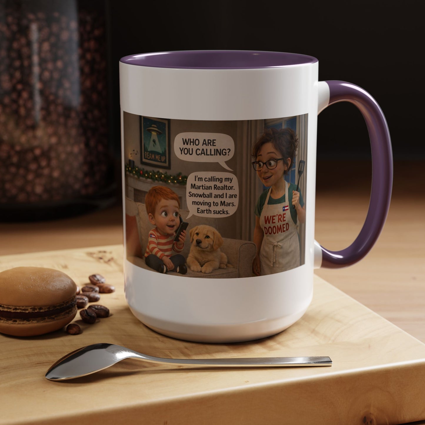Dog Accent Coffee Mug —Funny Cartoon 'We're Doomed' White Mom and Son (15oz) - Chubby Little Cheeks Co.