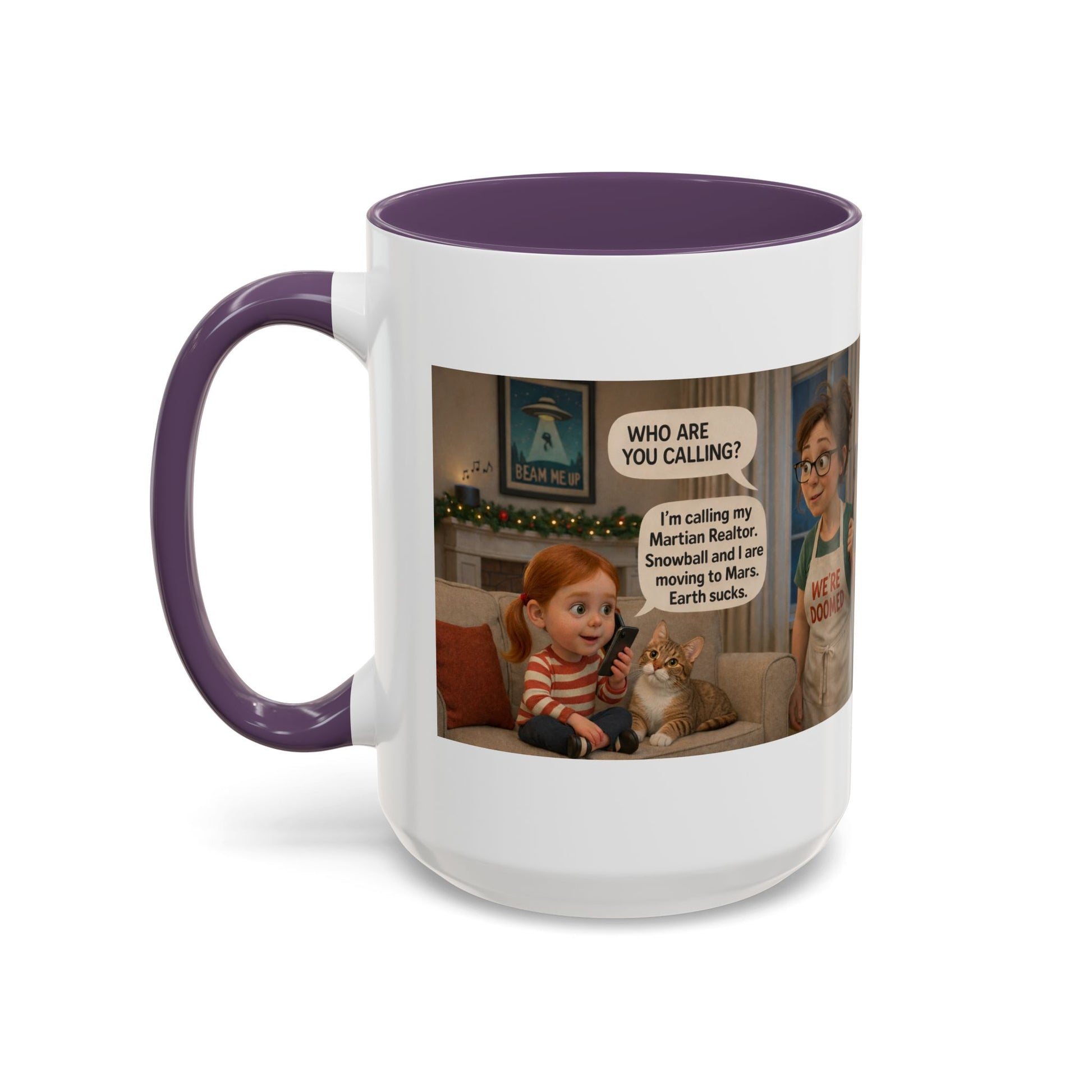 Cat Accent Coffee Mug — Funny 'We're Doomed' Funny White Mom and Daughter Cartoon - Chubby Little Cheeks Co.