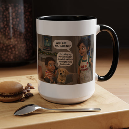 Dog Accent Coffee Mug — 'We're Doomed' Funny Latin Mom and Son Cartoon Accent Mug (15oz) - Chubby Little Cheeks Co.