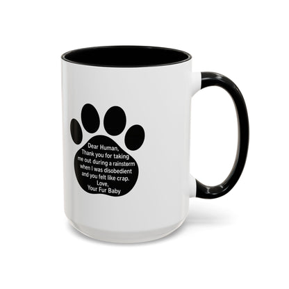 "Dear Human" Pet Humor Accent Mug- Paw Print Coffee Mug —-  15oz