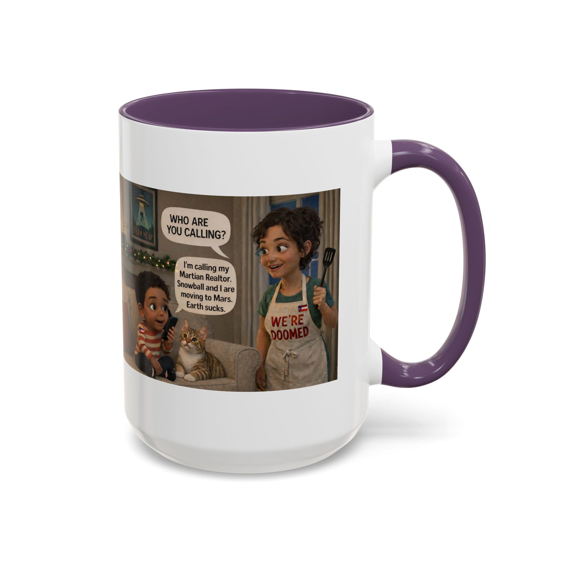 Cat Accent Coffee Mug — Funny Latin Mom and Son ‘We’re Doomed’ Illustration (15oz) - Chubby Little Cheeks Co.